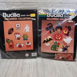 2 Bucilla Plastic‎ Canvas Halloween Collection Craft Kit Ornaments Pumpkin Vtg